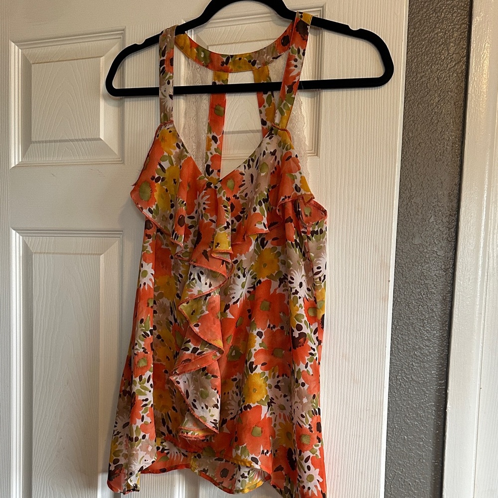 Finesse Orange Asymmetrical Ruffled Tank Top